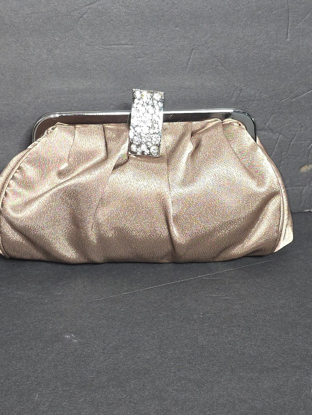 Menbur Champagne Satin Evening Bag Clutch Purse Chain Strap Handbag Rhinestones